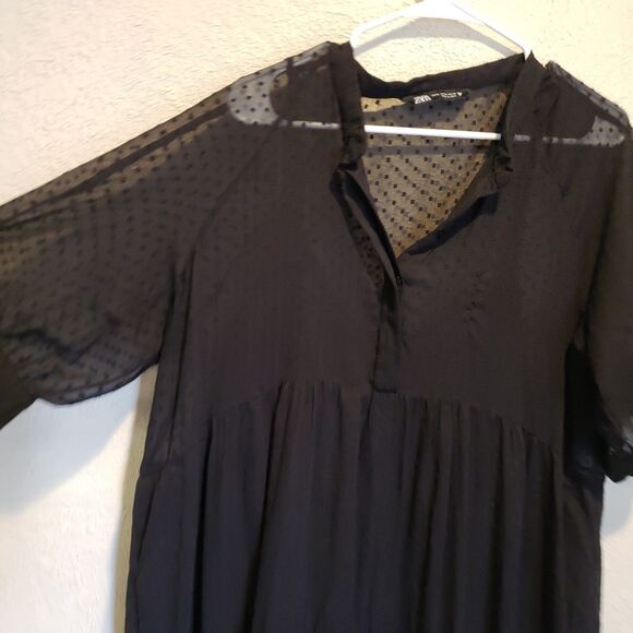Zara Swiss Dot Long Sleeve Tiered Smocked Maxi Dress Black X Large - Picture 6 of 8